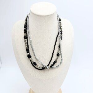 Vintage Premier Designs Multi-Strand Black & Silver Beaded Necklace